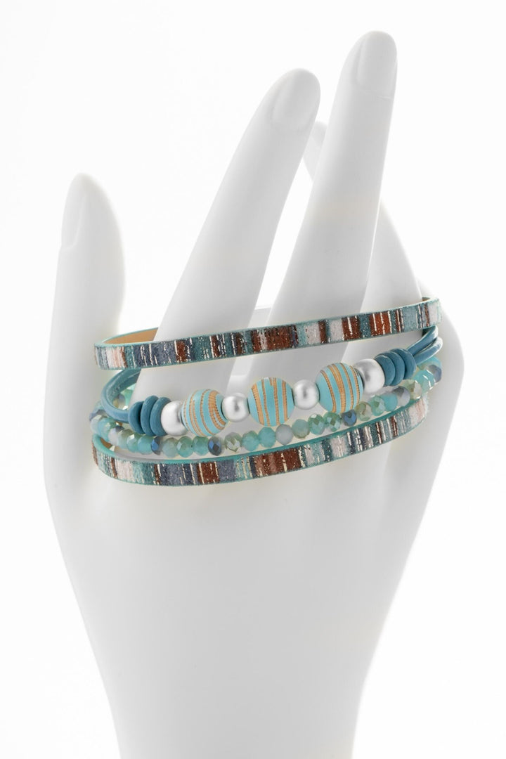Cool-Toned Wood Beaded Leather Bracelet