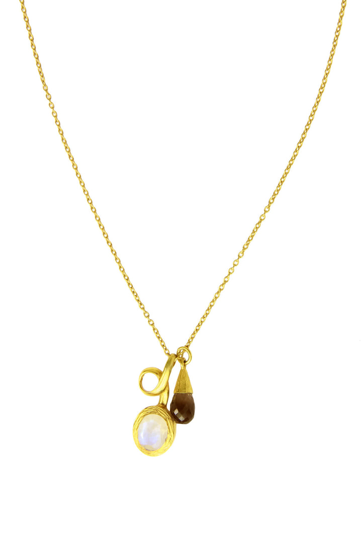 Saachi Moonstone, Smoky Topaz Double Stone Pendant Dangle Necklace
