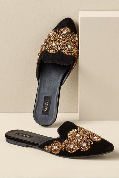 Sequined Floral Velvet Slides