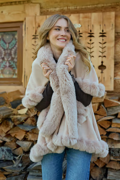 Layered Faux Fur Cape Kimono