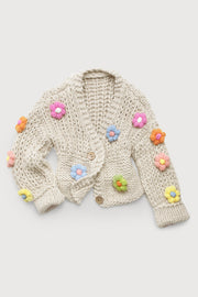Knitted Floral Appliqué Cardigan With Buttons