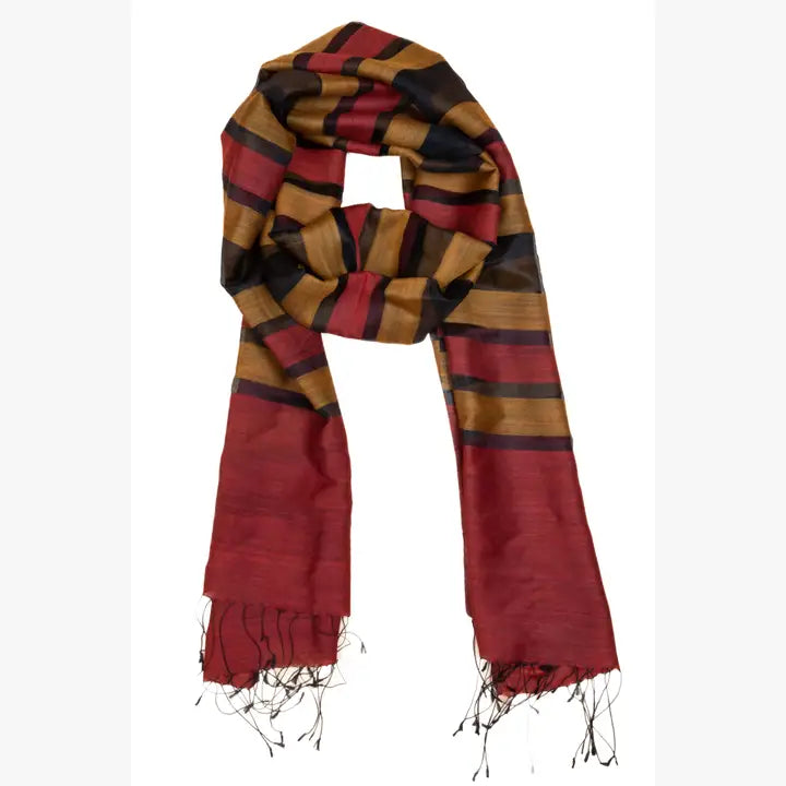 Silk Wool Striped Fringed Scarf