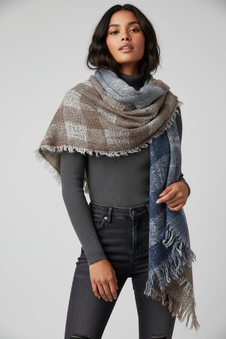 Striped Fringed Ombre Scarf - Grey