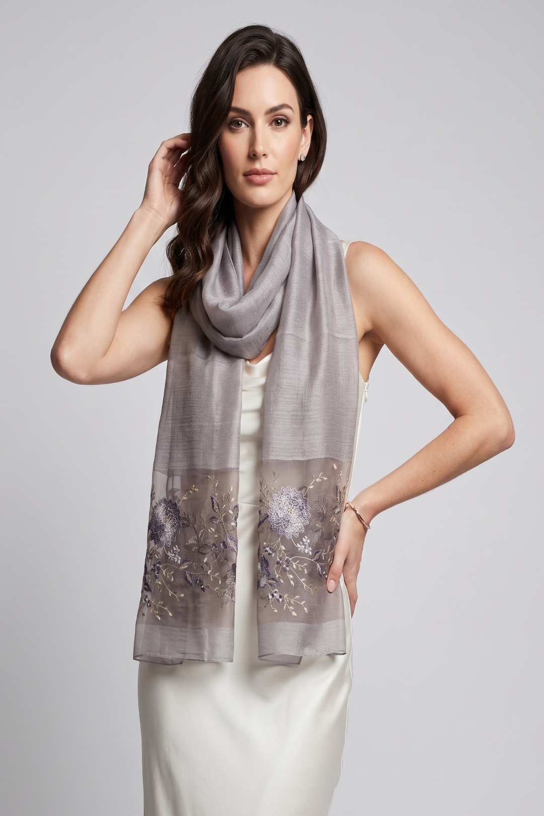 Floral Embroidered Silk Scarf