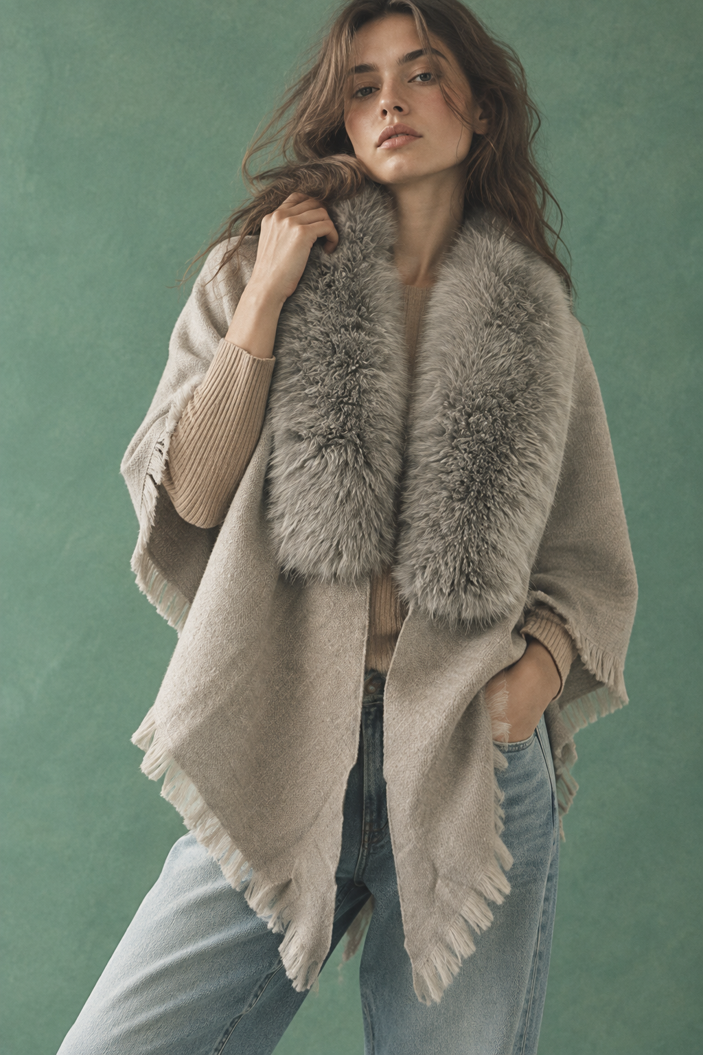 Faux Fur Trim Triangle Scarf