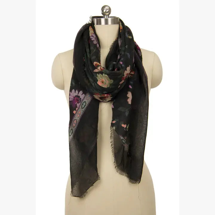 Midnight Garden Black Multi Silk Scarf