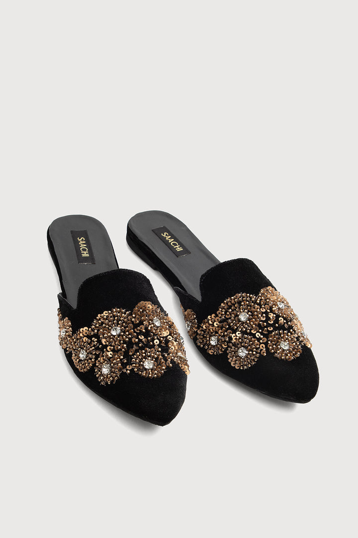 Sequined Floral Velvet Slides