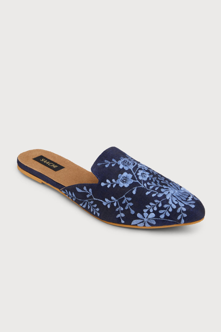 Flower and Leaf Motif Shoe Pointed Flat Mule