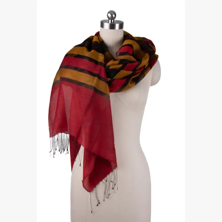 Silk Wool Striped Fringed Scarf