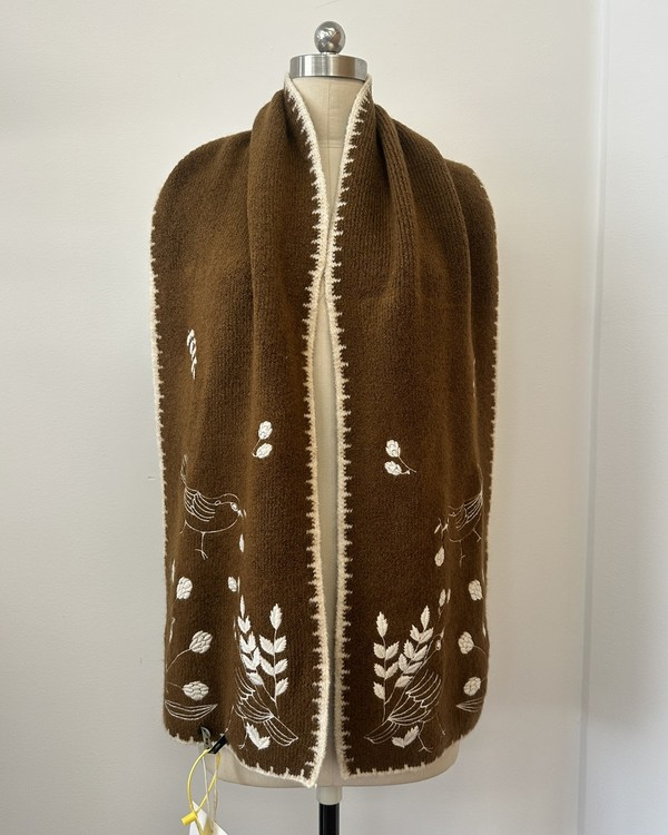 Embroidered Bird Scarf - Brown