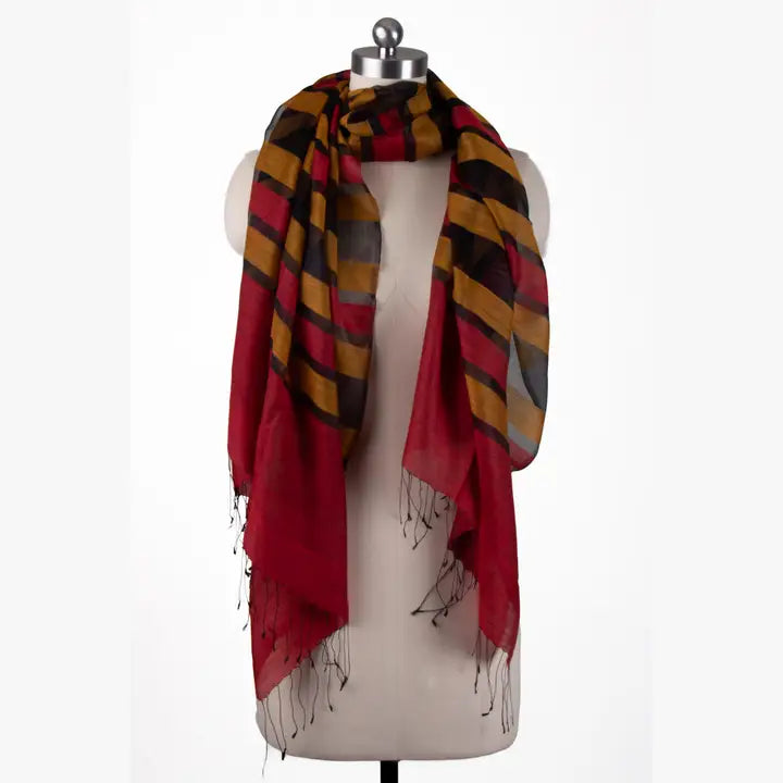 Silk Wool Striped Fringed Scarf