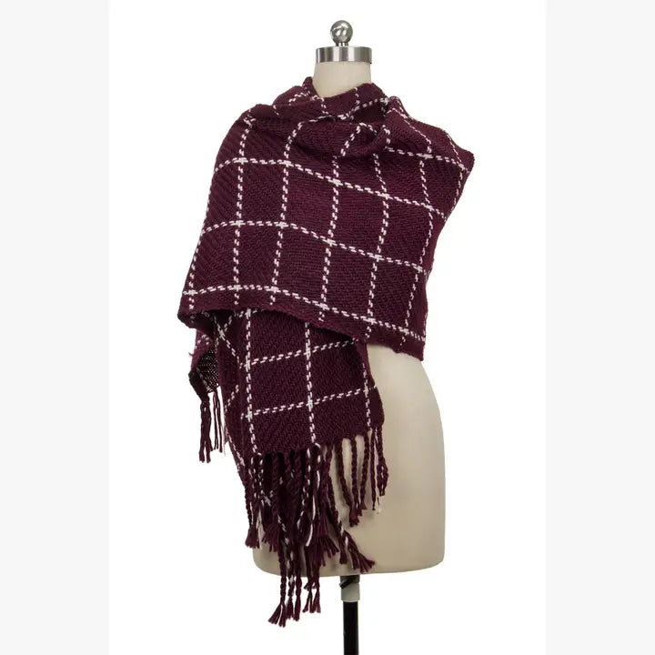 Stitched Plaid Acrylic Scarf With Fringe