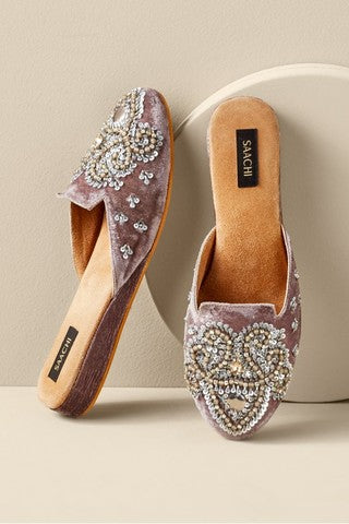 Velvet Beaded Embellished Mules