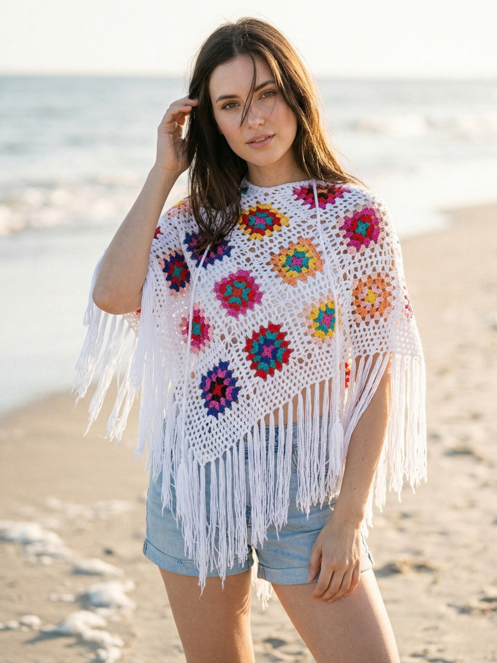 White Square Crochet Fringe Poncho