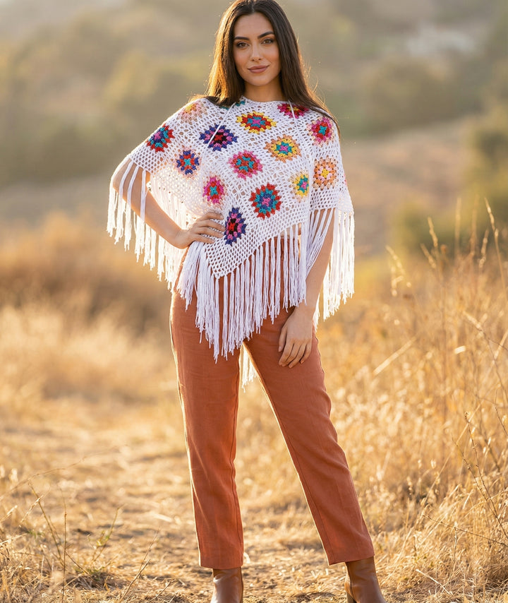 White Square Crochet Fringe Poncho