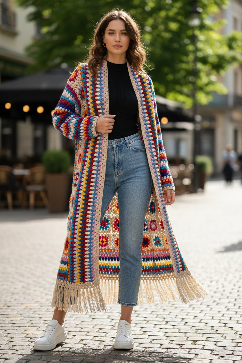 Granny Handmade Fringe Crochet Long Kimono