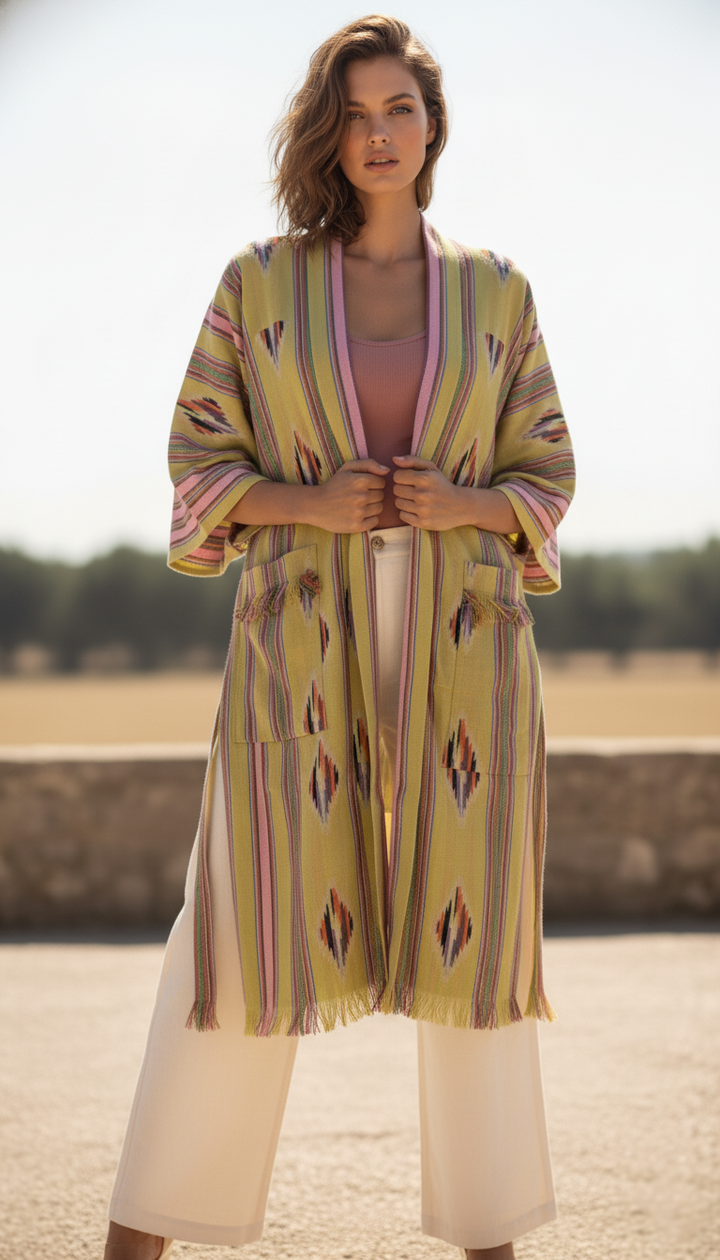 Margarita Ikat Striped Jacket Kimono - Light Green