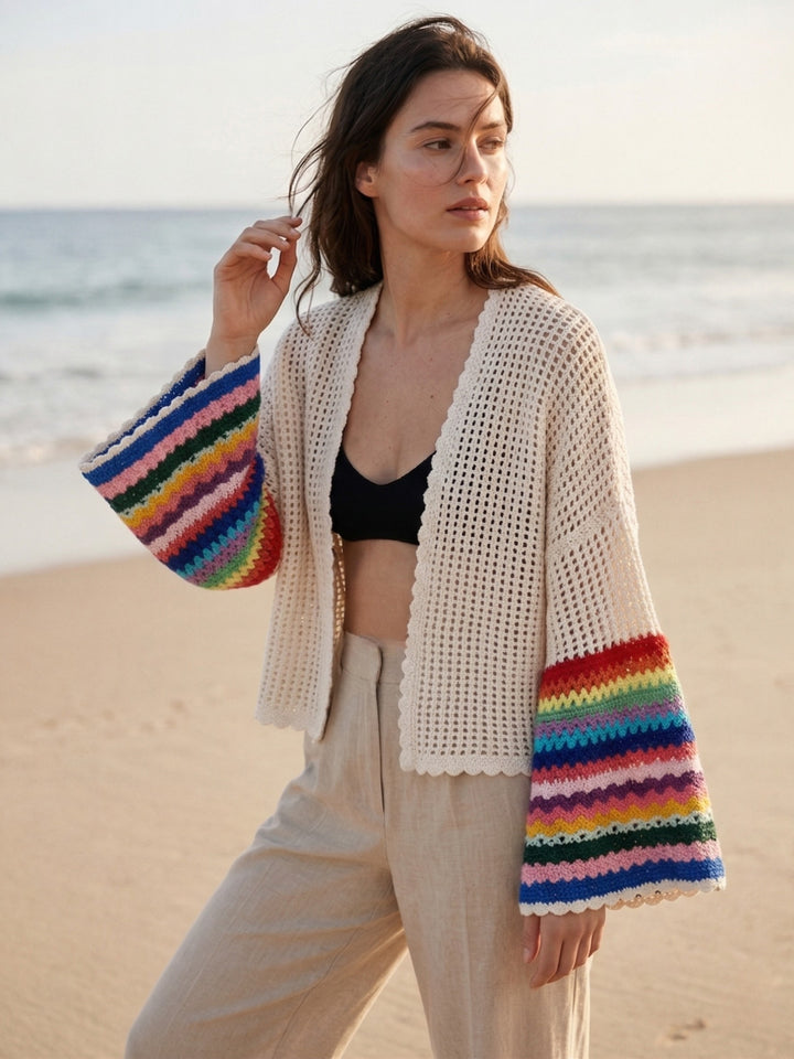 Multicolored Crochet Bell Sleeve Short Jacket