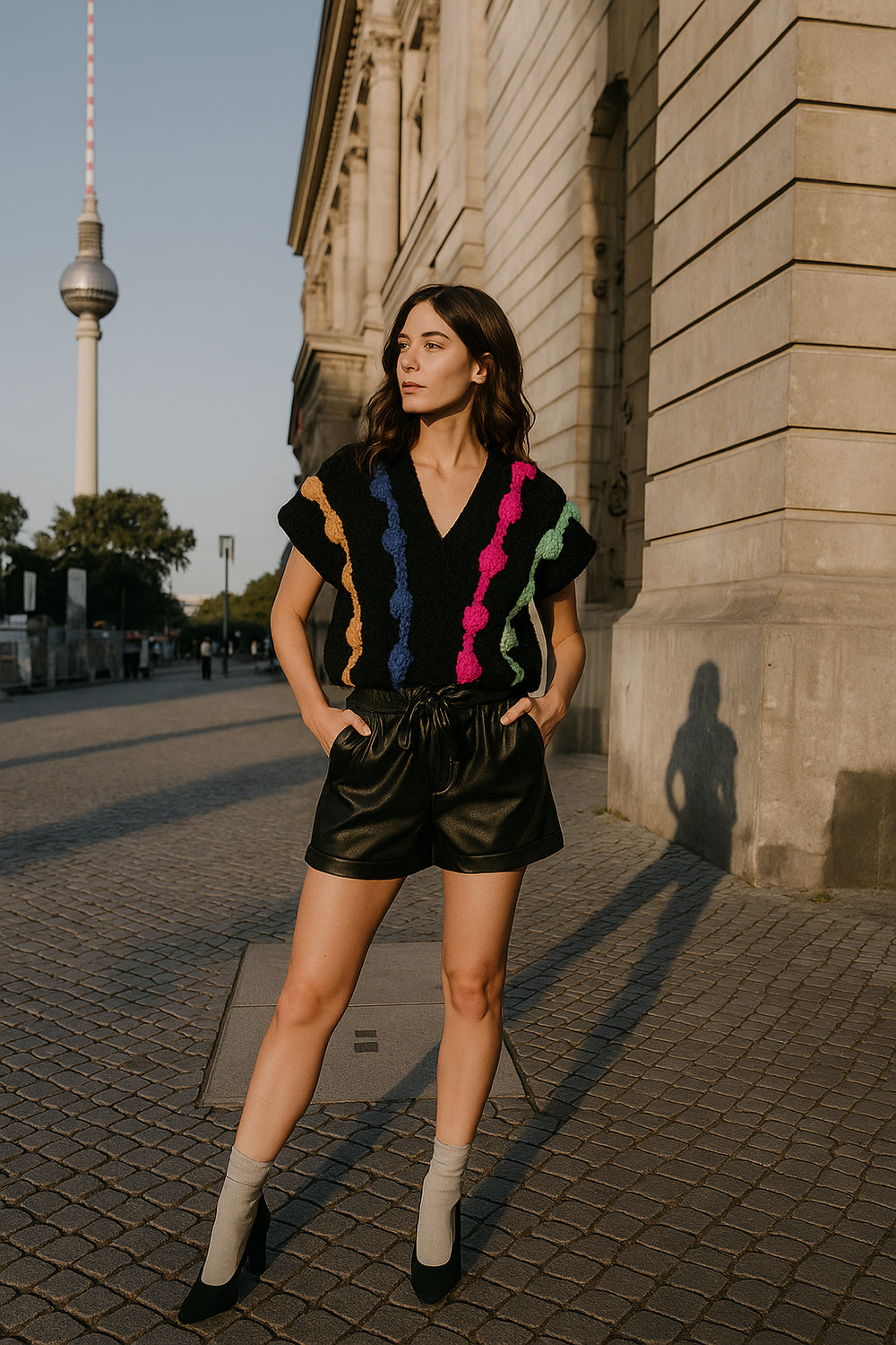 Multi Chunky Knit Sweater Vest - Black