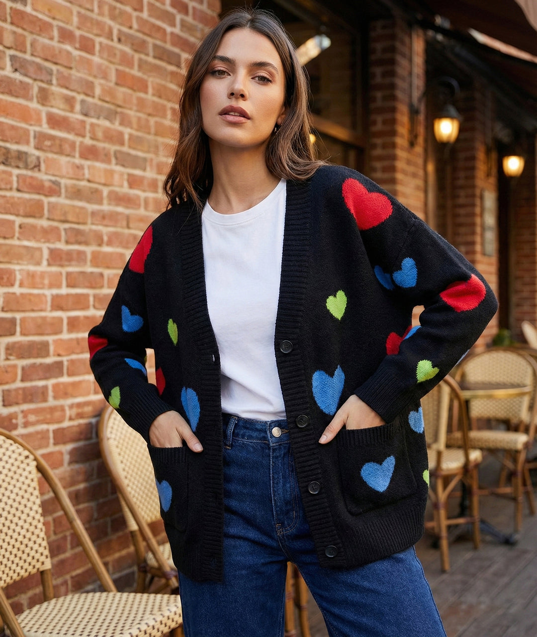 Multicolored Heart Buttoned Cardigan