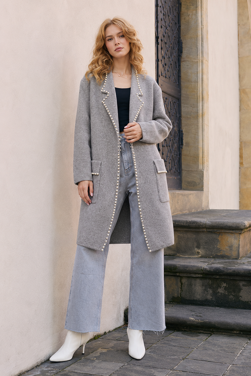 Pearl Trim Long Knit Blazer