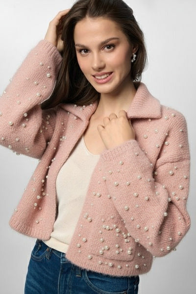Pearl Collared Open Cardigan - Light Pink