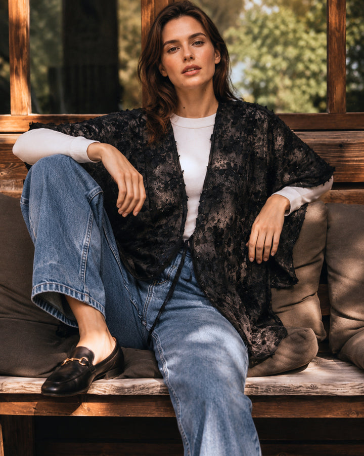 Floral Lace Tie Front Ruana