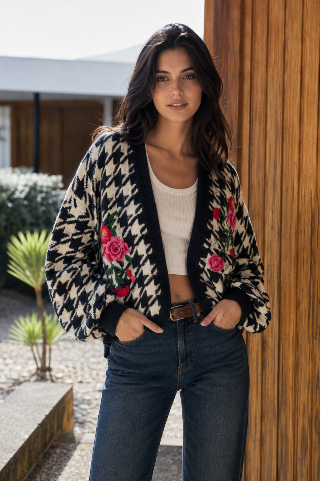 Houndstooth Rose Embroidered Knit Cardigan
