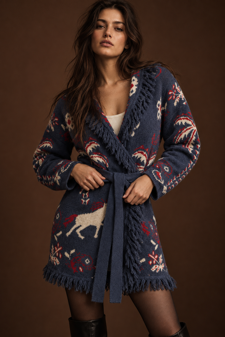 Equestrian Printed Fringe Cardigan