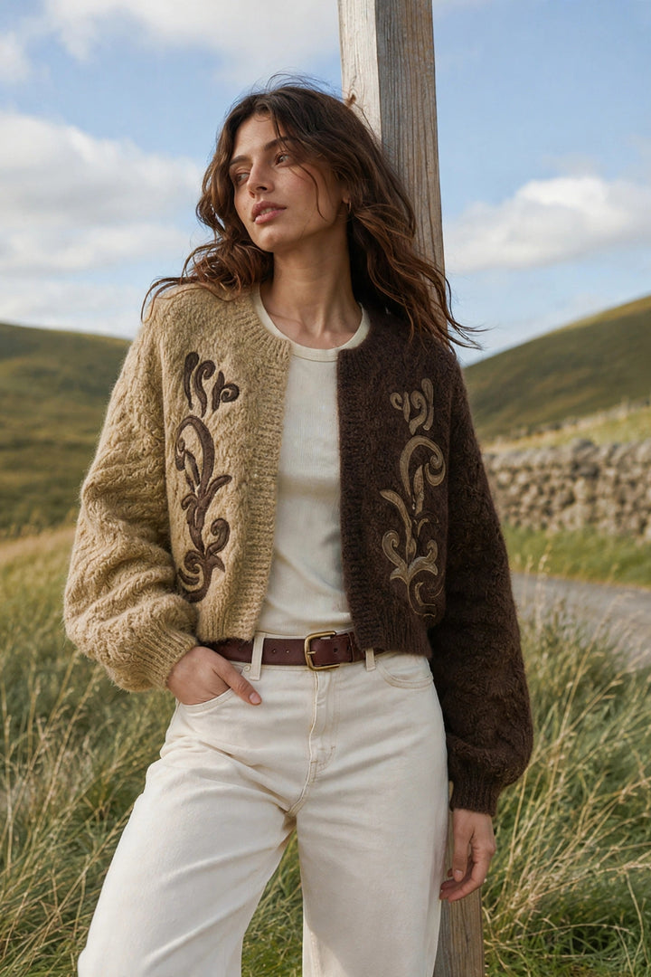Two-Tone Scroll Appliqué Cardigan