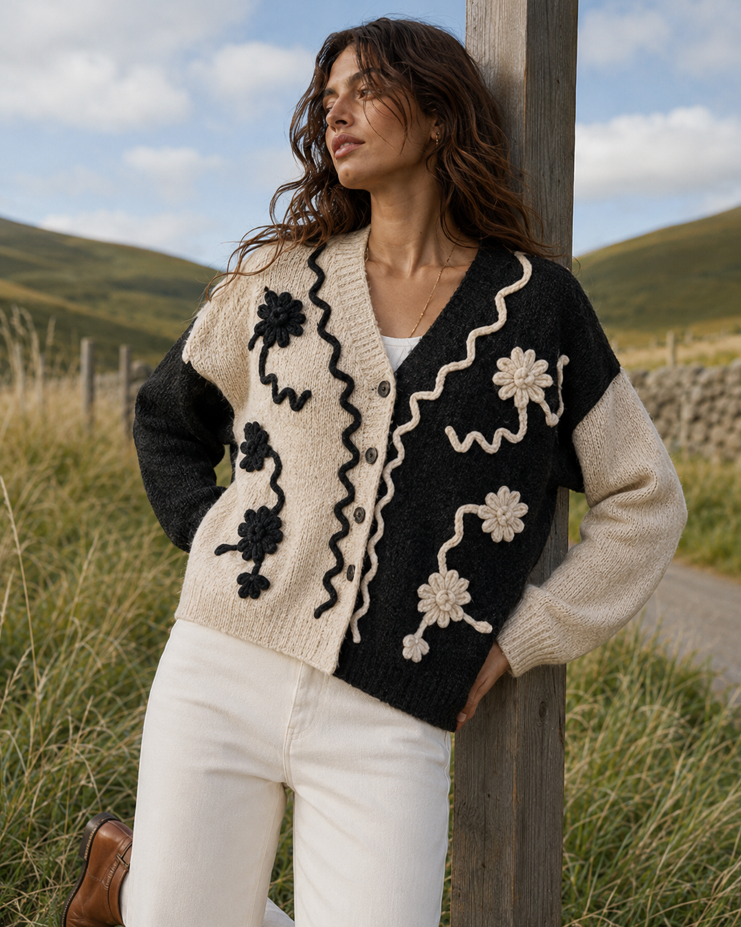Two-Tone Floral Appliqué Cardigan