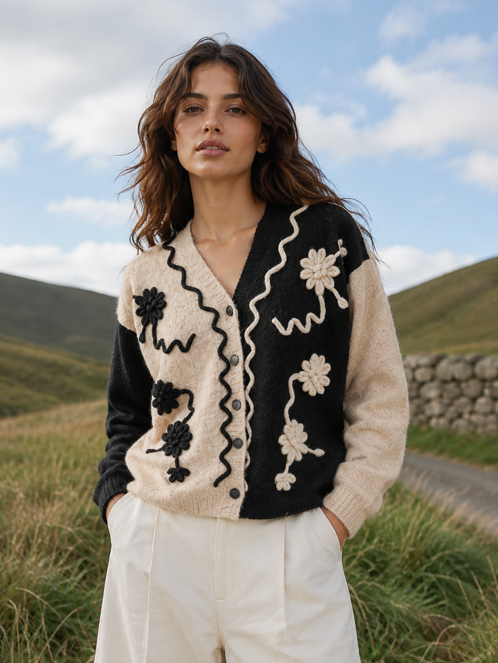 Two-Tone Floral Appliqué Cardigan