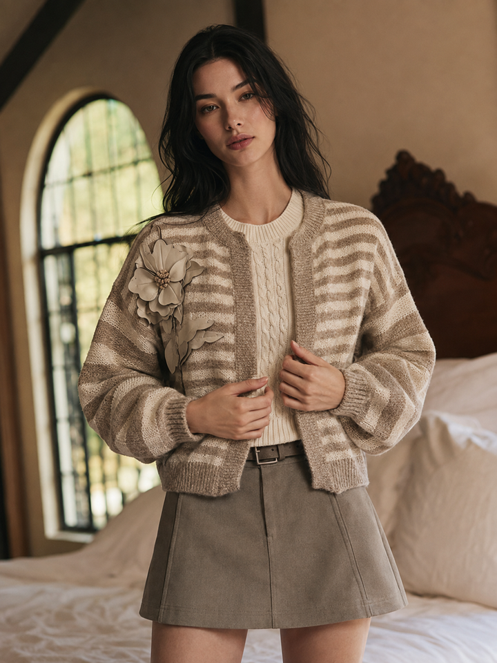 Floral Appliqué Striped Cardigan