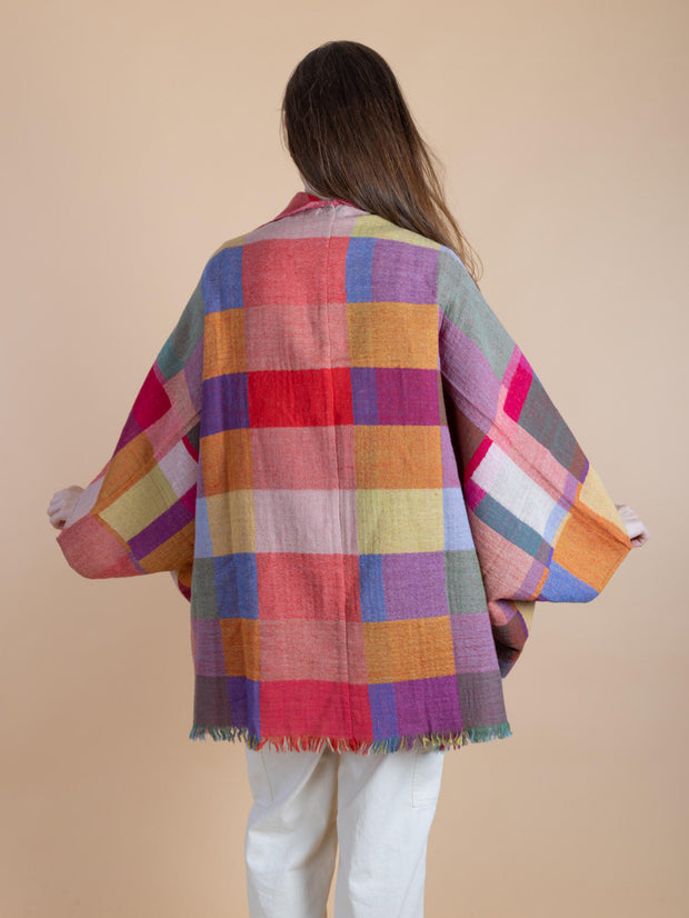 Woolen Rainbow Color Grid Cocoon Poncho