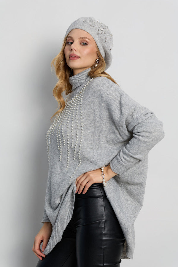 Crystal Embellished Floral Beret - Grey