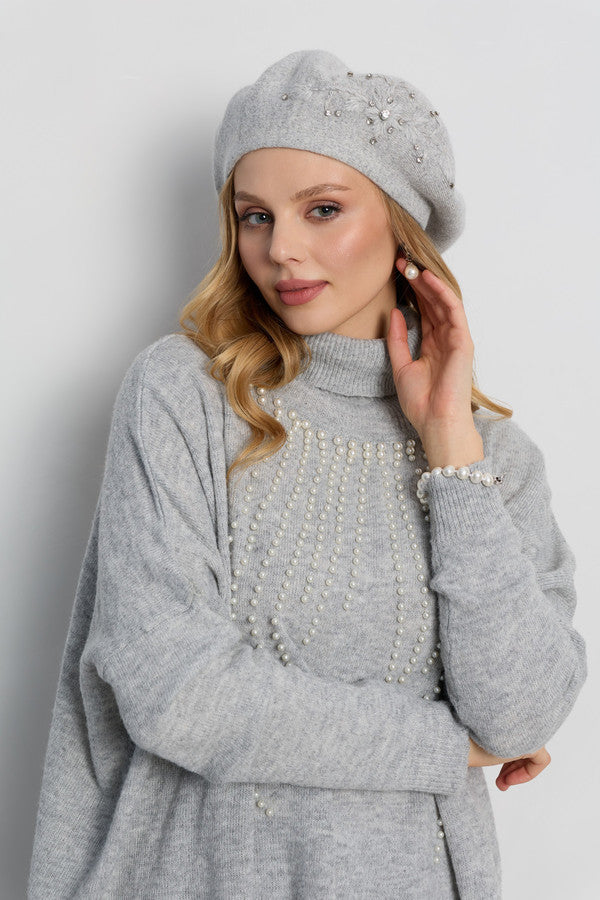 Crystal Embellished Floral Beret - Grey
