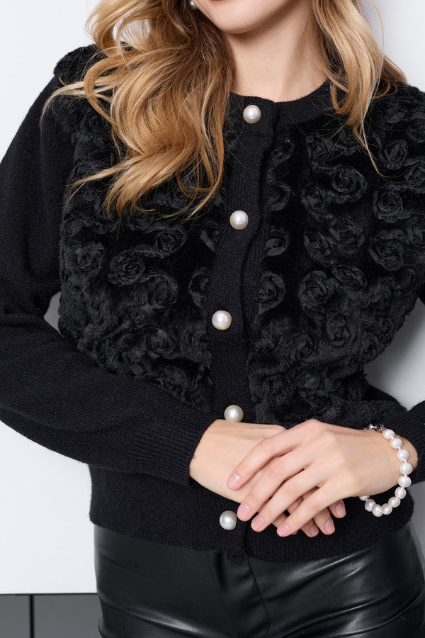 Floral Velour Button Cardigan - Black