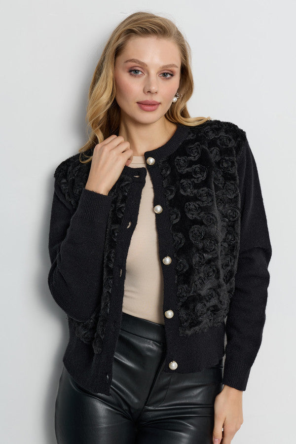 Floral Velour Button Cardigan - Black