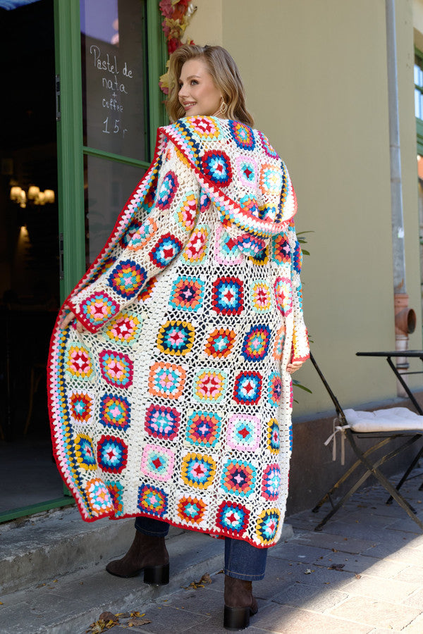 Hooded Wool Granny Square Crochet Kimono - Beige