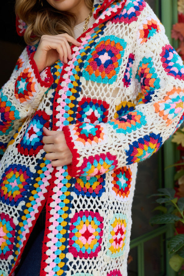 Hooded Wool Granny Square Crochet Kimono - Beige