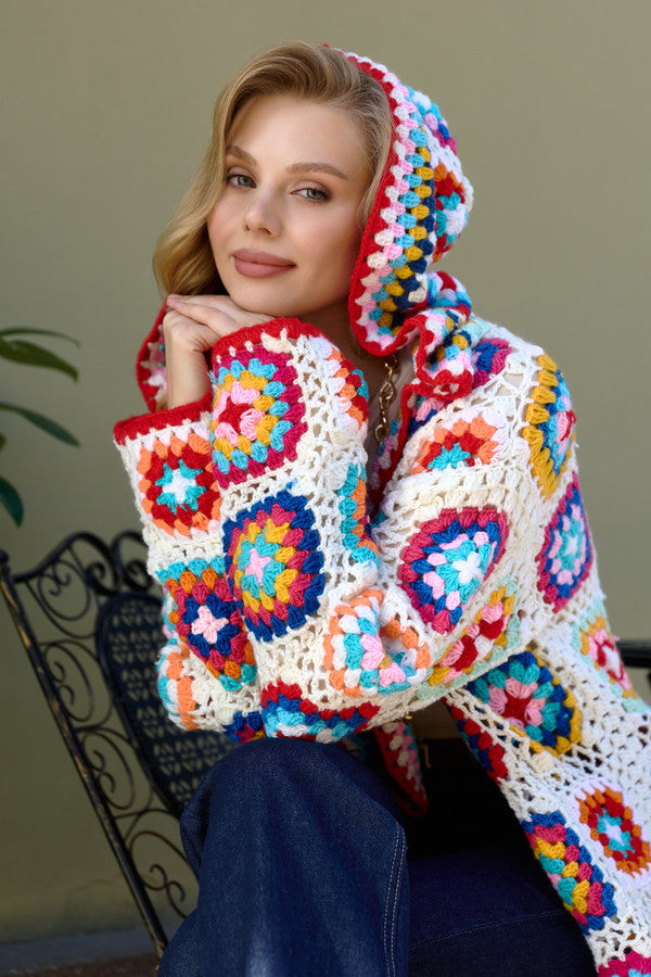 Hooded Wool Granny Square Crochet Kimono - Beige