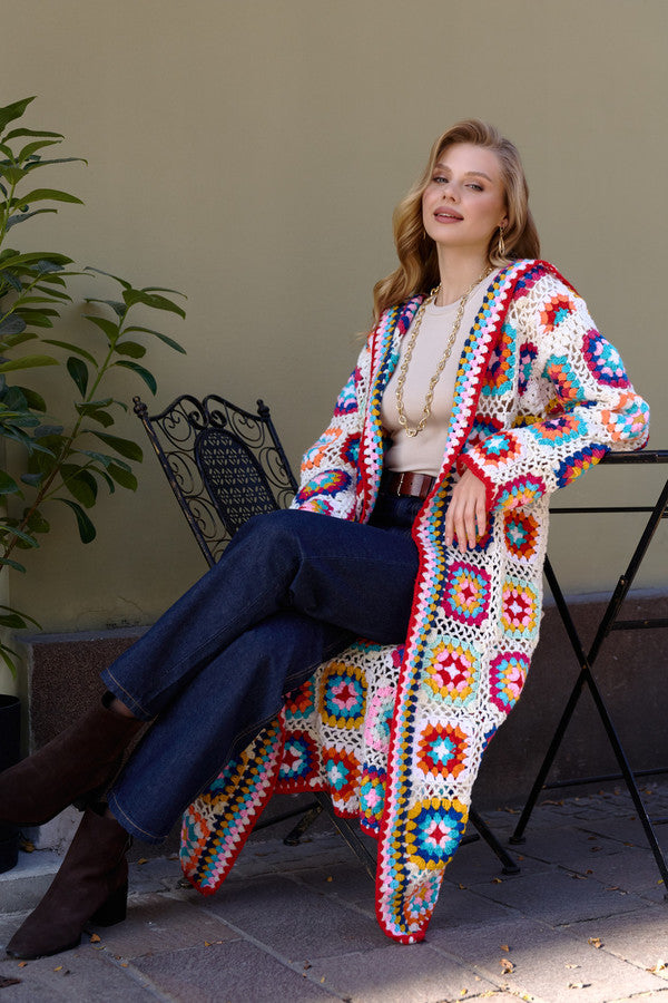 Hooded Wool Granny Square Crochet Kimono - Beige