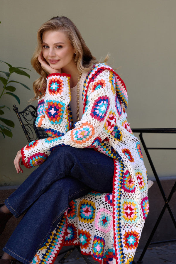 Hooded Wool Granny Square Crochet Kimono - Beige