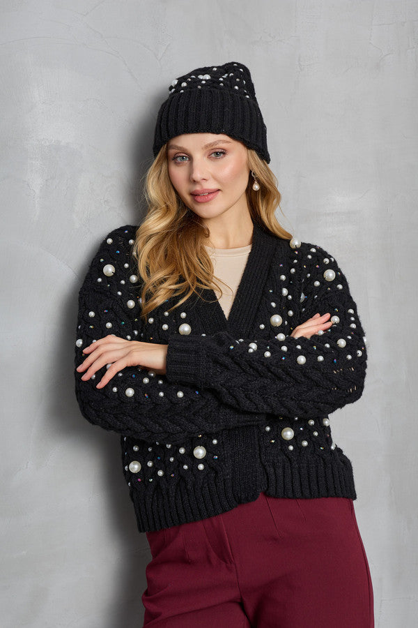Pearl Cable Knit Beanie - Black