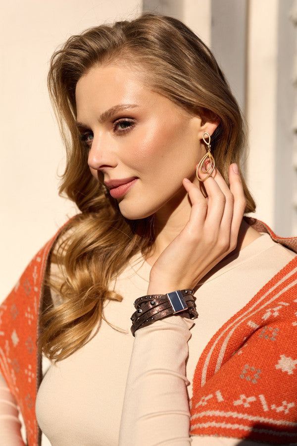 Abstract Double Oval Open Frame Dangle Earrings - Gold