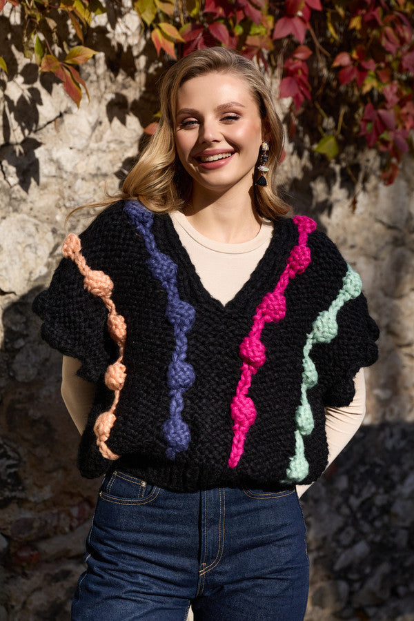 Multi Chunky Knit Sweater Vest - Black