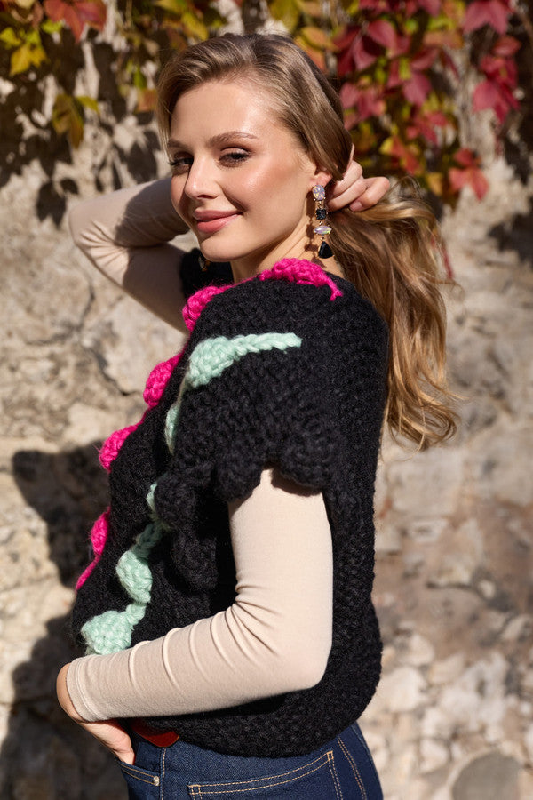 Multi Chunky Knit Sweater Vest - Black