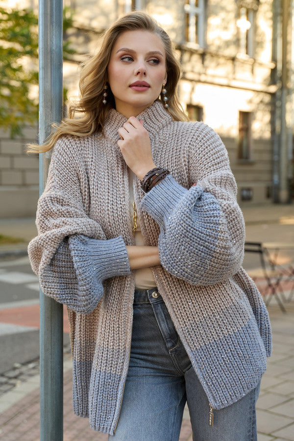 Zip Up Sequin Cardigan - Beige