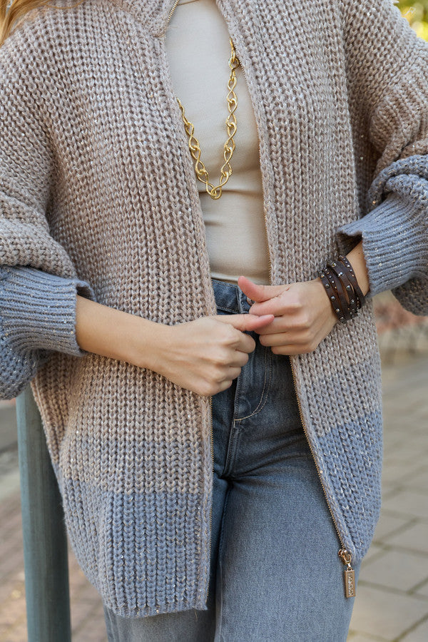 Zip Up Sequin Cardigan - Beige