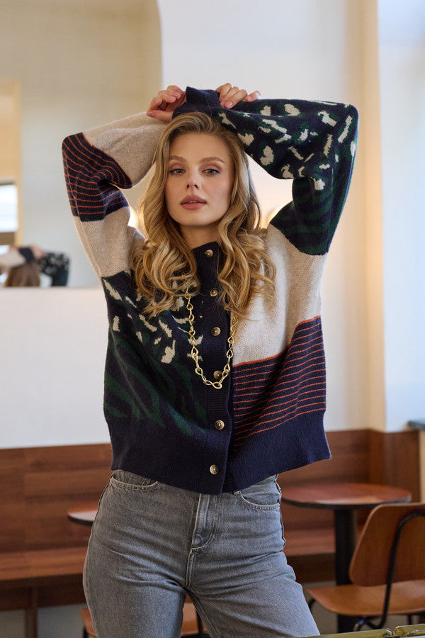 Multi Patterned Tie-Back Cardigan - Ivory/Blue